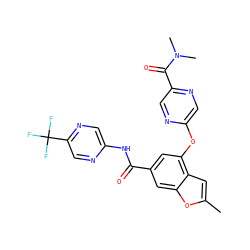 Cc1cc2c(Oc3cnc(C(=O)N(C)C)cn3)cc(C(=O)Nc3cnc(C(F)(F)F)cn3)cc2o1 ZINC000169329225
