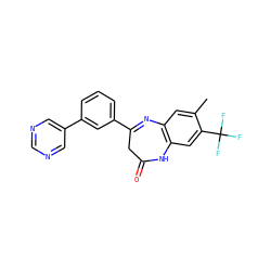 Cc1cc2c(cc1C(F)(F)F)NC(=O)CC(c1cccc(-c3cncnc3)c1)=N2 ZINC000101383366