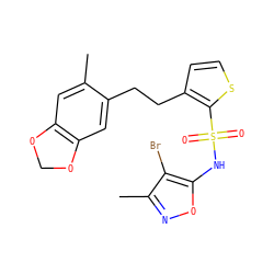 Cc1cc2c(cc1CCc1ccsc1S(=O)(=O)Nc1onc(C)c1Br)OCO2 ZINC000028011854