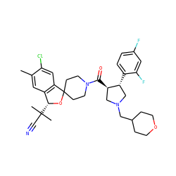 Cc1cc2c(cc1Cl)C1(CCN(C(=O)[C@@H]3CN(CC4CCOCC4)C[C@H]3c3ccc(F)cc3F)CC1)O[C@@H]2C(C)(C)C#N ZINC000058582790