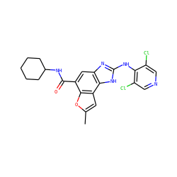 Cc1cc2c(o1)c(C(=O)NC1CCCCC1)cc1nc(Nc3c(Cl)cncc3Cl)[nH]c12 ZINC000140167559