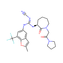 Cc1cc2cc(N/C(=N\C#N)N[C@H]3CCCCN(CC(=O)N4CCCC4)C3=O)cc(C(F)(F)F)c2o1 ZINC000043062983
