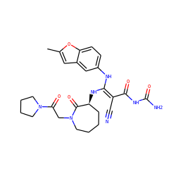 Cc1cc2cc(N/C(N[C@H]3CCCCN(CC(=O)N4CCCC4)C3=O)=C(/C#N)C(=O)NC(N)=O)ccc2o1 ZINC000034689206