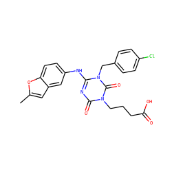 Cc1cc2cc(Nc3nc(=O)n(CCCC(=O)O)c(=O)n3Cc3ccc(Cl)cc3)ccc2o1 ZINC000200524962