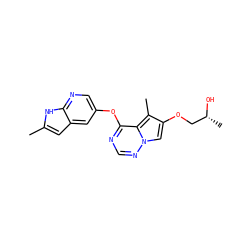 Cc1cc2cc(Oc3ncnn4cc(OC[C@@H](C)O)c(C)c34)cnc2[nH]1 ZINC000029048198