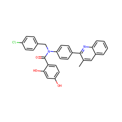 Cc1cc2ccccc2nc1-c1ccc(N(Cc2ccc(Cl)cc2)C(=O)c2ccc(O)cc2O)cc1 ZINC000653757406
