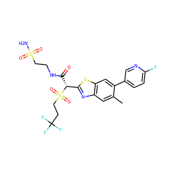 Cc1cc2nc([C@@H](C(=O)NCCS(N)(=O)=O)S(=O)(=O)CCC(F)(F)F)sc2cc1-c1ccc(F)nc1 ZINC000144122899
