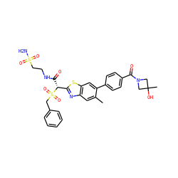 Cc1cc2nc([C@@H](C(=O)NCCS(N)(=O)=O)S(=O)(=O)Cc3ccccc3)sc2cc1-c1ccc(C(=O)N2CC(C)(O)C2)cc1 ZINC000221947828
