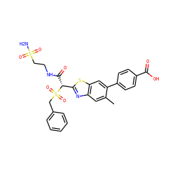 Cc1cc2nc([C@@H](C(=O)NCCS(N)(=O)=O)S(=O)(=O)Cc3ccccc3)sc2cc1-c1ccc(C(=O)O)cc1 ZINC000145523933