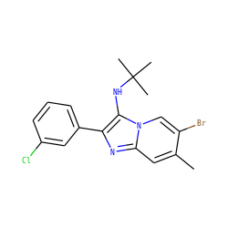 Cc1cc2nc(-c3cccc(Cl)c3)c(NC(C)(C)C)n2cc1Br ZINC000207020152