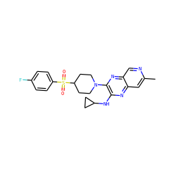 Cc1cc2nc(NC3CC3)c(N3CCC(S(=O)(=O)c4ccc(F)cc4)CC3)nc2cn1 ZINC000144306141