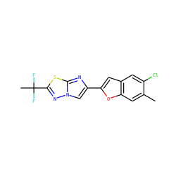 Cc1cc2oc(-c3cn4nc(C(C)(F)F)sc4n3)cc2cc1Cl ZINC000653662923