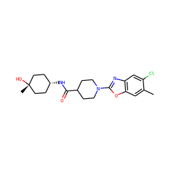 Cc1cc2oc(N3CCC(C(=O)N[C@H]4CC[C@@](C)(O)CC4)CC3)nc2cc1Cl ZINC000101660420
