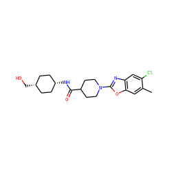 Cc1cc2oc(N3CCC(C(=O)N[C@H]4CC[C@@H](CO)CC4)CC3)nc2cc1Cl ZINC000261139404