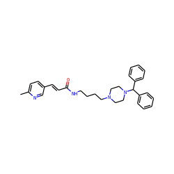 Cc1ccc(/C=C/C(=O)NCCCCN2CCN(C(c3ccccc3)c3ccccc3)CC2)cn1 ZINC000022463332