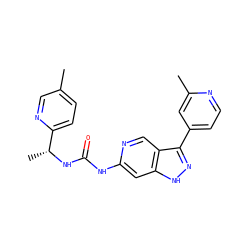 Cc1ccc([C@@H](C)NC(=O)Nc2cc3[nH]nc(-c4ccnc(C)c4)c3cn2)nc1 ZINC000219750643