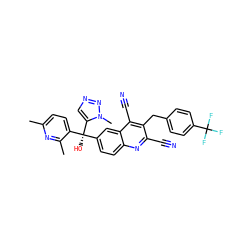 Cc1ccc([C@](O)(c2ccc3nc(C#N)c(Cc4ccc(C(F)(F)F)cc4)c(C#N)c3c2)c2cnnn2C)c(C)n1 ZINC001772646965