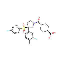 Cc1ccc([C@]2(S(=O)(=O)c3ccc(F)cc3)CCN(C(=O)[C@H]3CC[C@H](C(=O)O)CC3)C2)cc1F ZINC001772577613