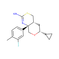 Cc1ccc([C@]23CO[C@@H](C4CC4)C[C@H]2CSC(N)=N3)cc1F ZINC000209357866