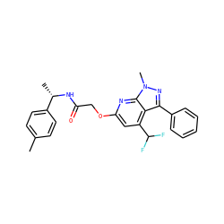 Cc1ccc([C@H](C)NC(=O)COc2cc(C(F)F)c3c(-c4ccccc4)nn(C)c3n2)cc1 ZINC000117514939