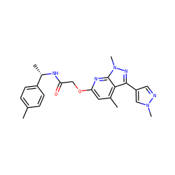 Cc1ccc([C@H](C)NC(=O)COc2cc(C)c3c(-c4cnn(C)c4)nn(C)c3n2)cc1 ZINC000117515692