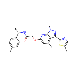 Cc1ccc([C@H](C)NC(=O)COc2cc(C)c3c(-c4ncc(C)s4)nn(C)c3n2)cc1 ZINC000117512651