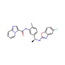 Cc1ccc([C@H](C)Nc2nc3cc(F)ccc3o2)cc1NC(=O)c1cnc2ccccn12 ZINC000220945800