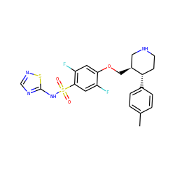 Cc1ccc([C@H]2CCNC[C@@H]2COc2cc(F)c(S(=O)(=O)Nc3ncns3)cc2F)cc1 ZINC000205527918
