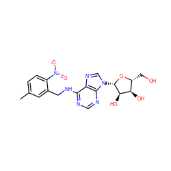 Cc1ccc([N+](=O)[O-])c(CNc2ncnc3c2ncn3[C@@H]2O[C@H](CO)[C@@H](O)[C@H]2O)c1 ZINC000029057715