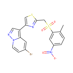 Cc1ccc([N+](=O)[O-])cc1S(=O)(=O)Cc1nc(-c2cnn3ccc(Br)cc23)cs1 ZINC000103299125