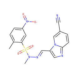 Cc1ccc([N+](=O)[O-])cc1S(=O)(=O)N(C)/N=C/c1cnc2ccc(C#N)cn12 ZINC000028652836