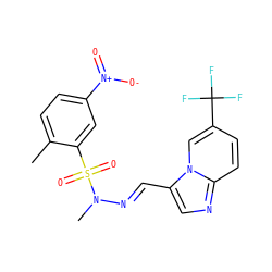Cc1ccc([N+](=O)[O-])cc1S(=O)(=O)N(C)/N=C/c1cnc2ccc(C(F)(F)F)cn12 ZINC000028652829