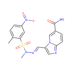 Cc1ccc([N+](=O)[O-])cc1S(=O)(=O)N(C)/N=C/c1cnc2ccc(C(N)=O)cn12 ZINC000028652844