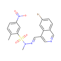 Cc1ccc([N+](=O)[O-])cc1S(=O)(=O)N(C)/N=C/c1cncc2ccc(Br)cc12 ZINC000028871293