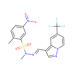 Cc1ccc([N+](=O)[O-])cc1S(=O)(=O)N(C)/N=C/c1cnn2ccc(C(F)(F)F)cc12 ZINC000082153549