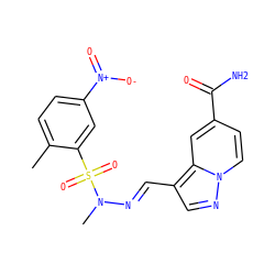 Cc1ccc([N+](=O)[O-])cc1S(=O)(=O)N(C)/N=C/c1cnn2ccc(C(N)=O)cc12 ZINC000082154510