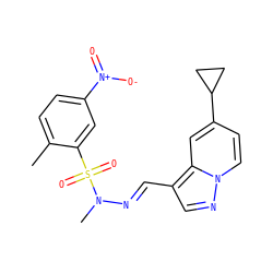 Cc1ccc([N+](=O)[O-])cc1S(=O)(=O)N(C)/N=C/c1cnn2ccc(C3CC3)cc12 ZINC000082153892