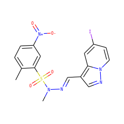 Cc1ccc([N+](=O)[O-])cc1S(=O)(=O)N(C)/N=C/c1cnn2ccc(I)cc12 ZINC000082153887