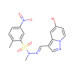 Cc1ccc([N+](=O)[O-])cc1S(=O)(=O)N(C)/N=C/c1cnn2ccc(O)cc12 ZINC000073198655