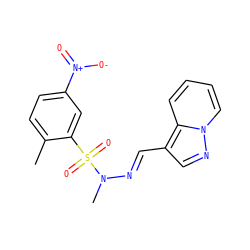 Cc1ccc([N+](=O)[O-])cc1S(=O)(=O)N(C)/N=C/c1cnn2ccccc12 ZINC000082154887