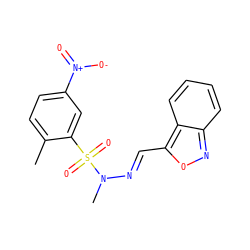 Cc1ccc([N+](=O)[O-])cc1S(=O)(=O)N(C)/N=C/c1onc2ccccc12 ZINC000028871202