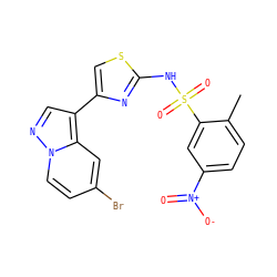 Cc1ccc([N+](=O)[O-])cc1S(=O)(=O)Nc1nc(-c2cnn3ccc(Br)cc23)cs1 ZINC000103299122