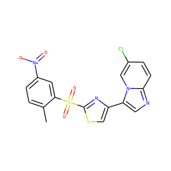 Cc1ccc([N+](=O)[O-])cc1S(=O)(=O)c1nc(-c2cnc3ccc(Cl)cn23)cs1 ZINC000028642528