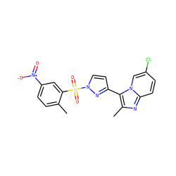 Cc1ccc([N+](=O)[O-])cc1S(=O)(=O)n1ccc(-c2c(C)nc3ccc(Cl)cn23)n1 ZINC000028640708