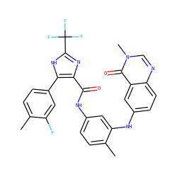 Cc1ccc(-c2[nH]c(C(F)(F)F)nc2C(=O)Nc2ccc(C)c(Nc3ccc4ncn(C)c(=O)c4c3)c2)cc1F ZINC000049762561