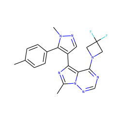 Cc1ccc(-c2c(-c3nc(C)n4ncnc(N5CC(F)(F)C5)c34)cnn2C)cc1 ZINC000169697344