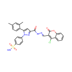 Cc1ccc(-c2cc(C(=O)N/N=C/c3c(Cl)c4ccccc4oc3=O)nn2-c2ccc(S(N)(=O)=O)cc2)c(C)c1 ZINC000653895786