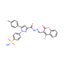 Cc1ccc(-c2cc(C(=O)N/N=C/c3c(Cl)c4ccccc4oc3=O)nn2-c2ccc(S(N)(=O)=O)cc2)cc1 ZINC000653863997