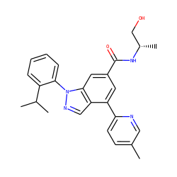 Cc1ccc(-c2cc(C(=O)N[C@@H](C)CO)cc3c2cnn3-c2ccccc2C(C)C)nc1 ZINC000142239541