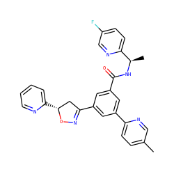 Cc1ccc(-c2cc(C(=O)N[C@H](C)c3ccc(F)cn3)cc(C3=NO[C@H](c4ccccn4)C3)c2)nc1 ZINC000043208710